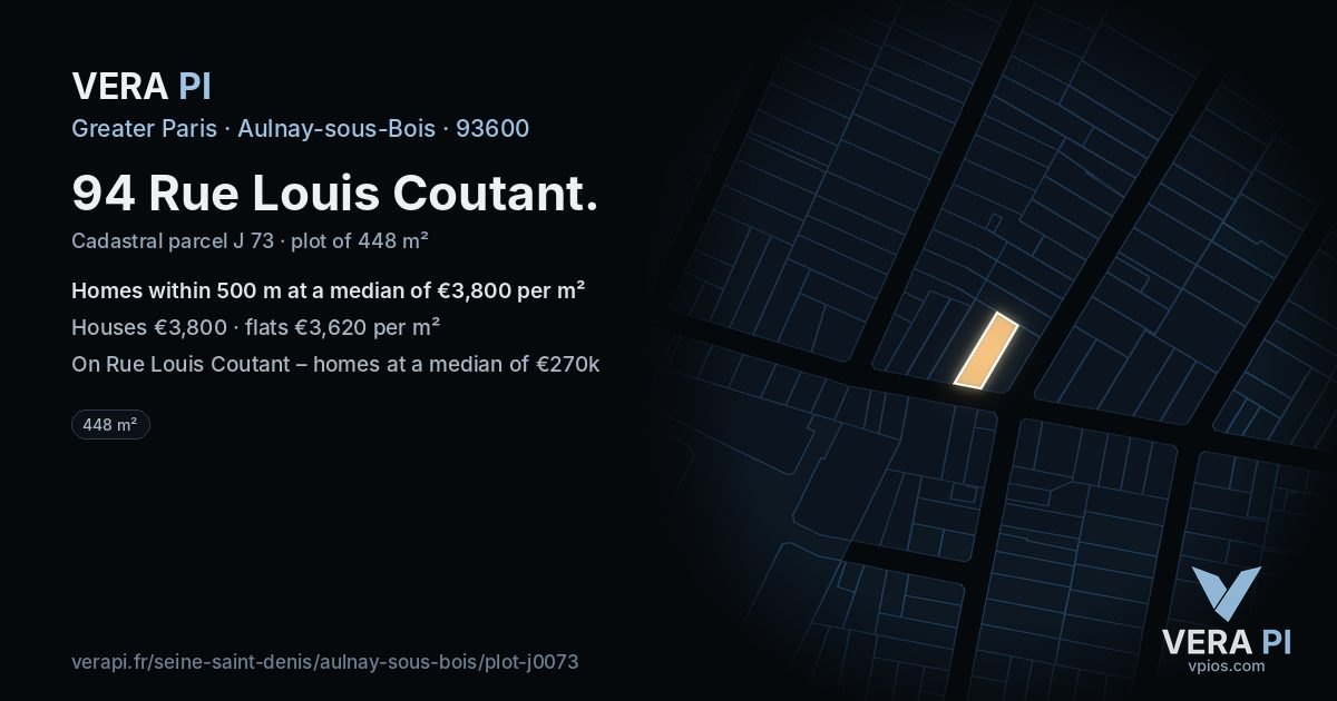 94 Rue Louis Coutant, Aulnay-sous-Bois at night – the plot lit, the parcels around coloured by the prices near them
