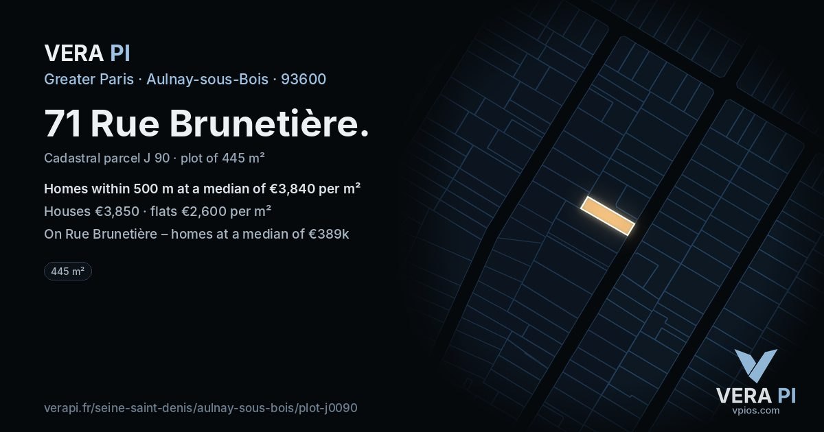 71 Rue Brunetière, Aulnay-sous-Bois at night – the plot lit, the parcels around coloured by the prices near them