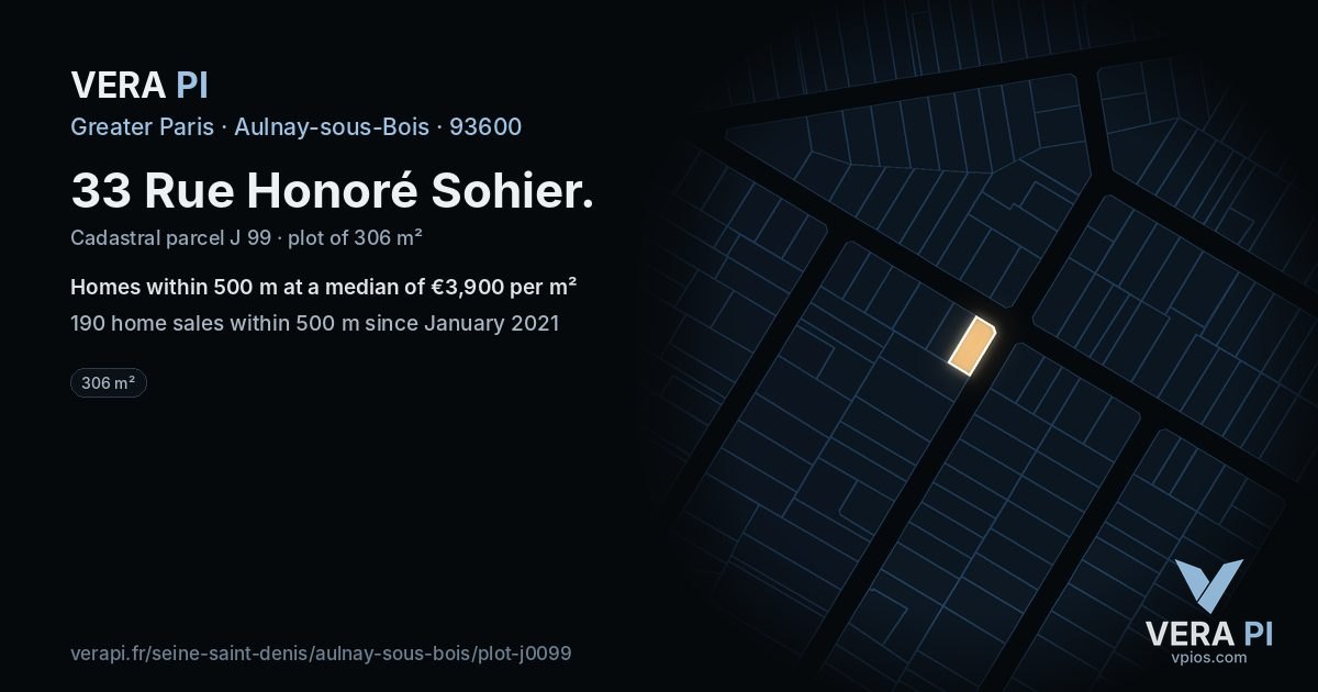 33 Rue Honoré Sohier, Aulnay-sous-Bois at night – the plot lit, the parcels around coloured by the prices near them
