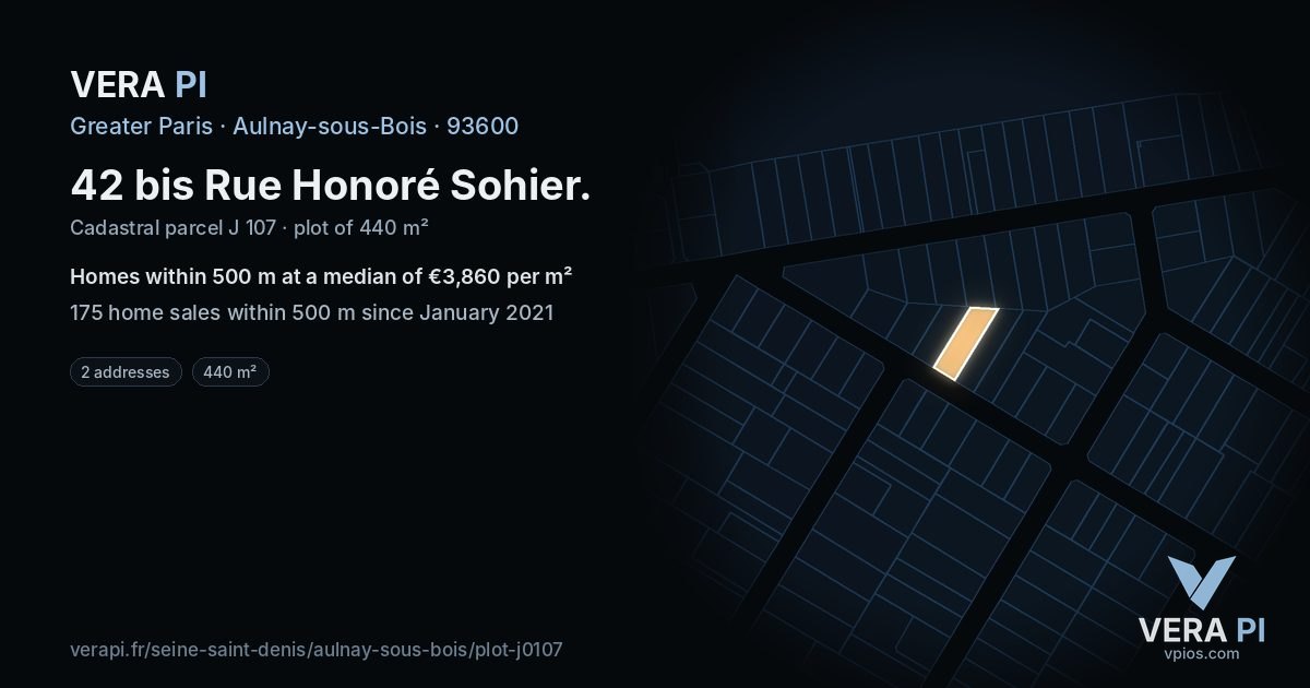 42 bis Rue Honoré Sohier, Aulnay-sous-Bois at night – the plot lit, the parcels around coloured by the prices near them
