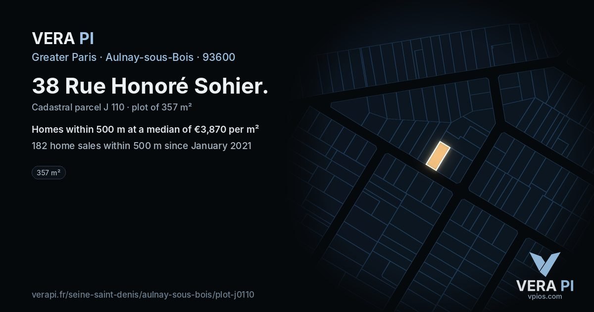 38 Rue Honoré Sohier, Aulnay-sous-Bois at night – the plot lit, the parcels around coloured by the prices near them