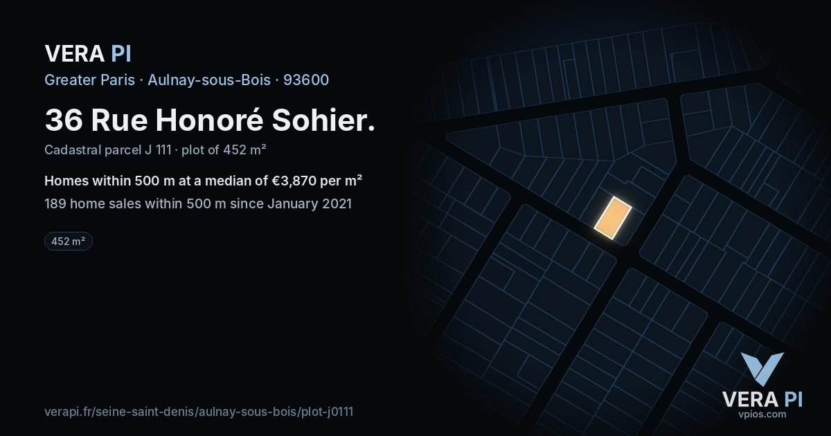 36 Rue Honoré Sohier, Aulnay-sous-Bois at night – the plot lit, the parcels around coloured by the prices near them