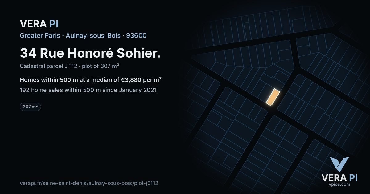 34 Rue Honoré Sohier, Aulnay-sous-Bois at night – the plot lit, the parcels around coloured by the prices near them