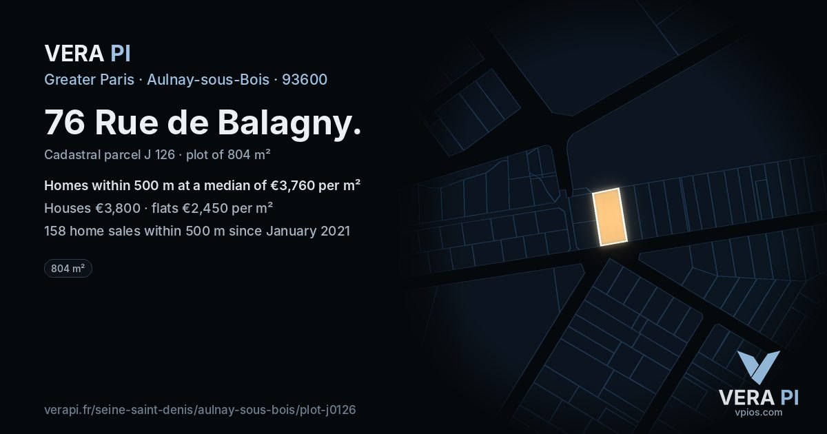 76 Rue de Balagny, Aulnay-sous-Bois at night – the plot lit, the parcels around coloured by the prices near them