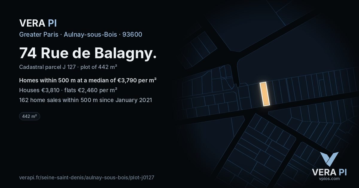 74 Rue de Balagny, Aulnay-sous-Bois at night – the plot lit, the parcels around coloured by the prices near them