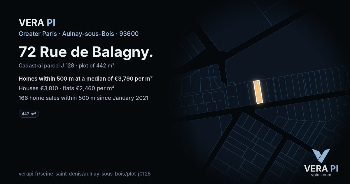 72 Rue de Balagny, Aulnay-sous-Bois at night – the plot lit, the parcels around coloured by the prices near them
