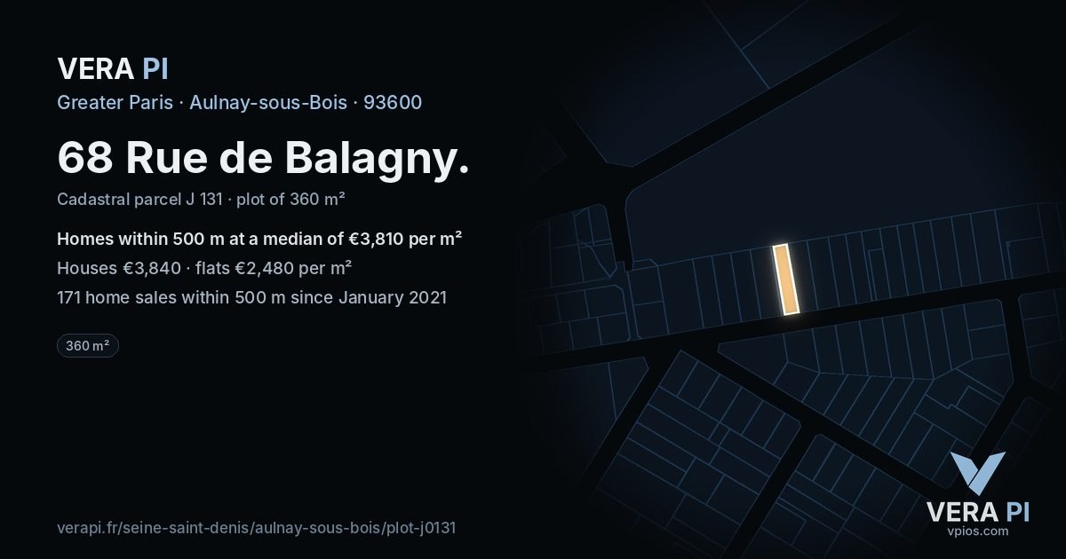 68 Rue de Balagny, Aulnay-sous-Bois at night – the plot lit, the parcels around coloured by the prices near them