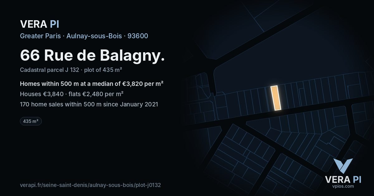 66 Rue de Balagny, Aulnay-sous-Bois at night – the plot lit, the parcels around coloured by the prices near them