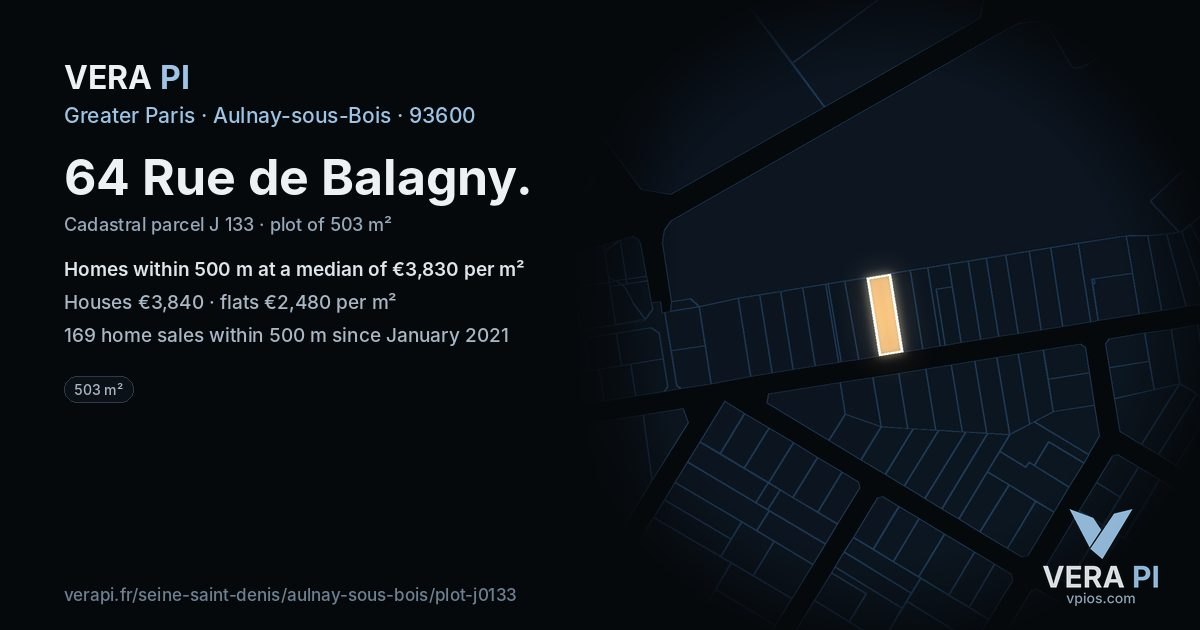 64 Rue de Balagny, Aulnay-sous-Bois at night – the plot lit, the parcels around coloured by the prices near them