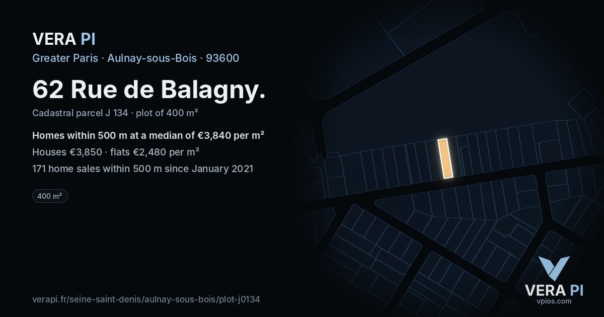 62 Rue de Balagny, Aulnay-sous-Bois at night – the plot lit, the parcels around coloured by the prices near them