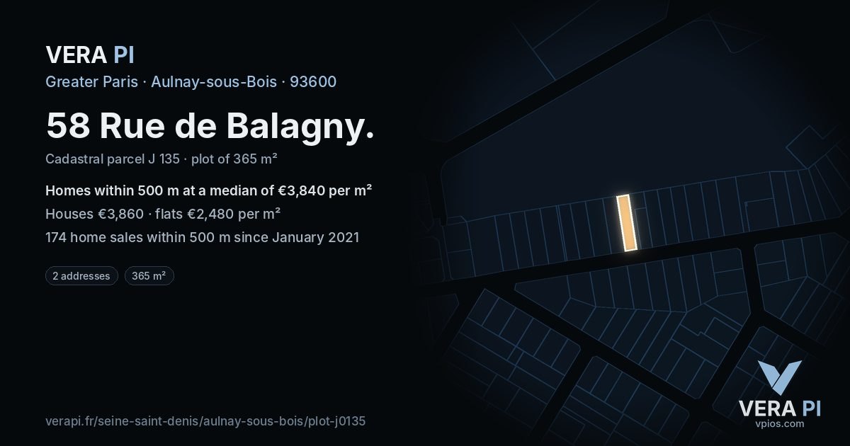 58 Rue de Balagny, Aulnay-sous-Bois at night – the plot lit, the parcels around coloured by the prices near them