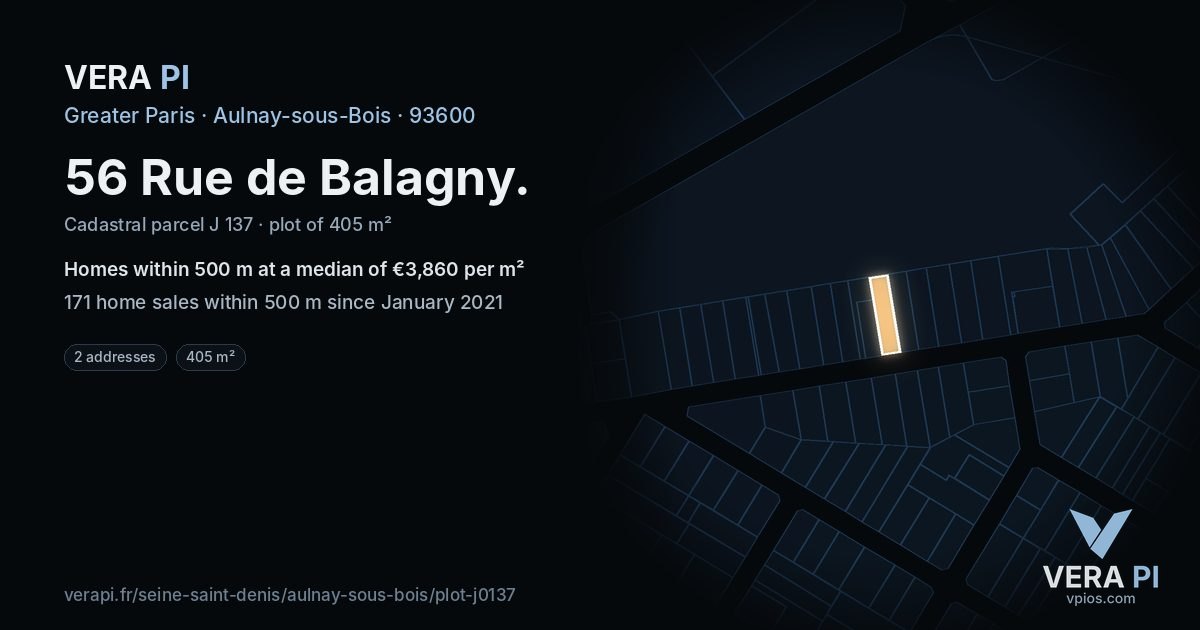 56 Rue de Balagny, Aulnay-sous-Bois at night – the plot lit, the parcels around coloured by the prices near them
