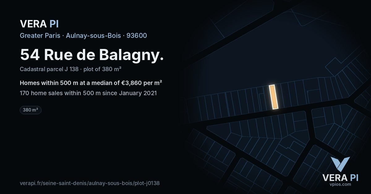 54 Rue de Balagny, Aulnay-sous-Bois at night – the plot lit, the parcels around coloured by the prices near them