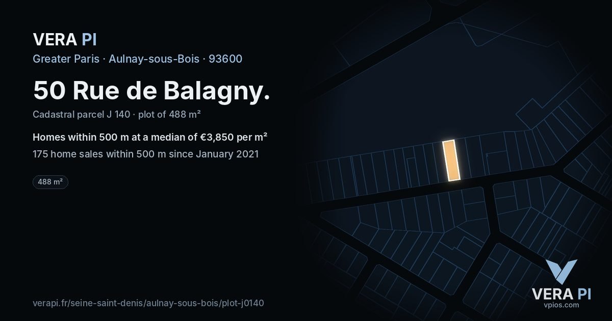 50 Rue de Balagny, Aulnay-sous-Bois at night – the plot lit, the parcels around coloured by the prices near them