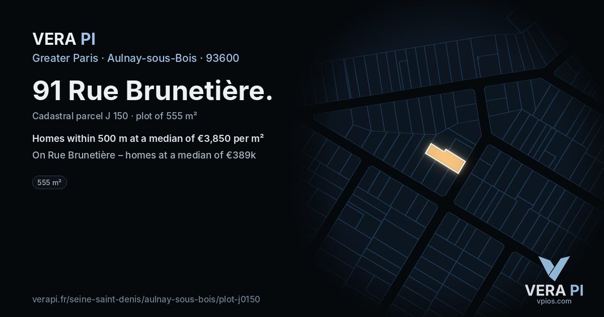 91 Rue Brunetière, Aulnay-sous-Bois at night – the plot lit, the parcels around coloured by the prices near them