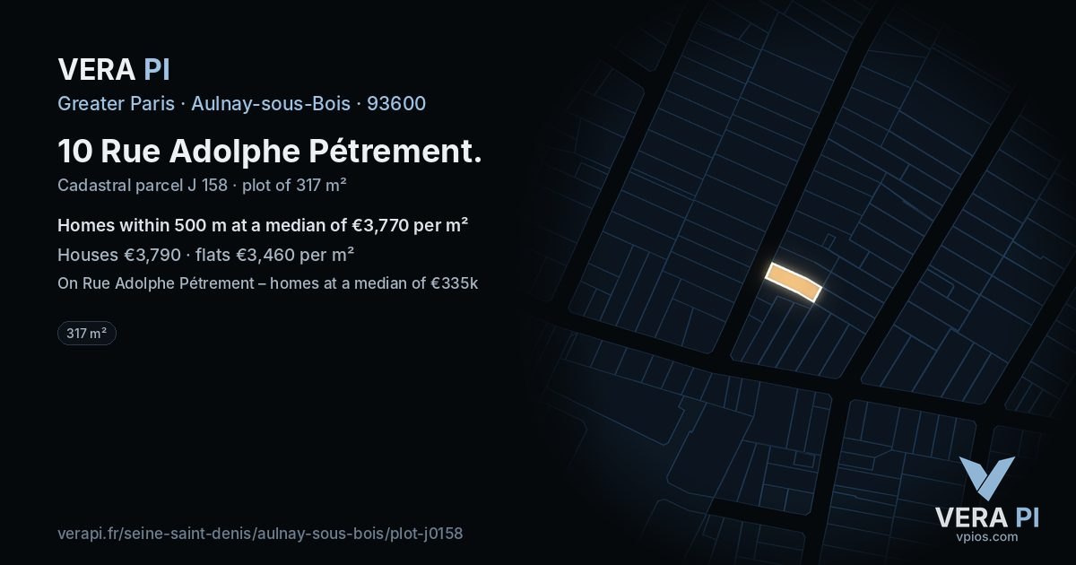 10 Rue Adolphe Pétrement, Aulnay-sous-Bois at night – the plot lit, the parcels around coloured by the prices near them