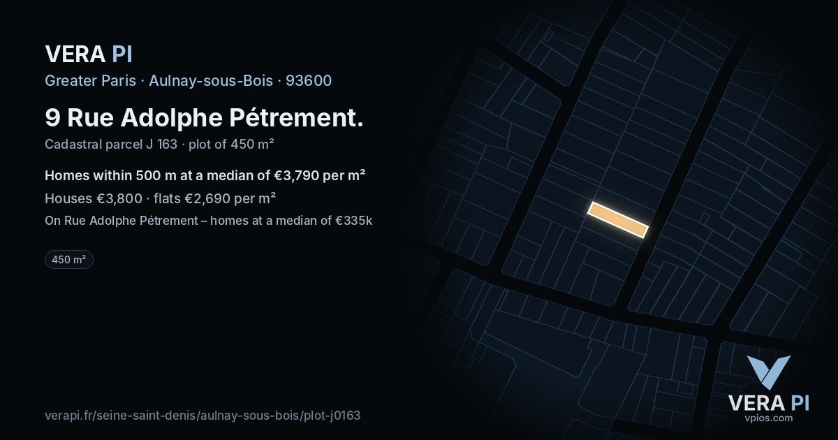 9 Rue Adolphe Pétrement, Aulnay-sous-Bois at night – the plot lit, the parcels around coloured by the prices near them