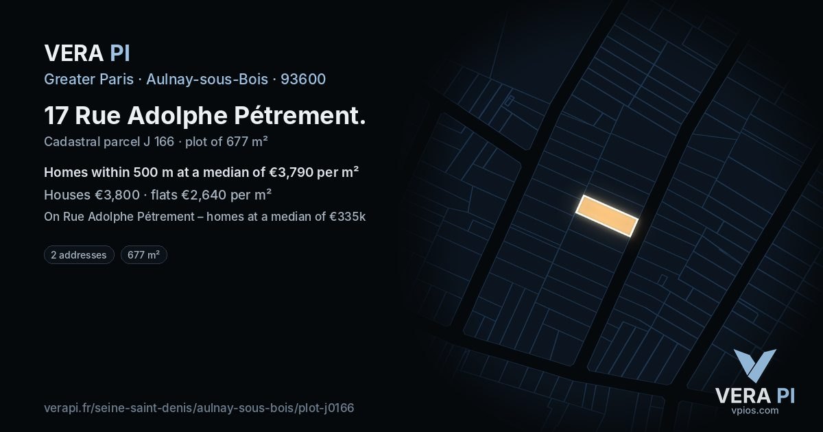 17 Rue Adolphe Pétrement, Aulnay-sous-Bois at night – the plot lit, the parcels around coloured by the prices near them