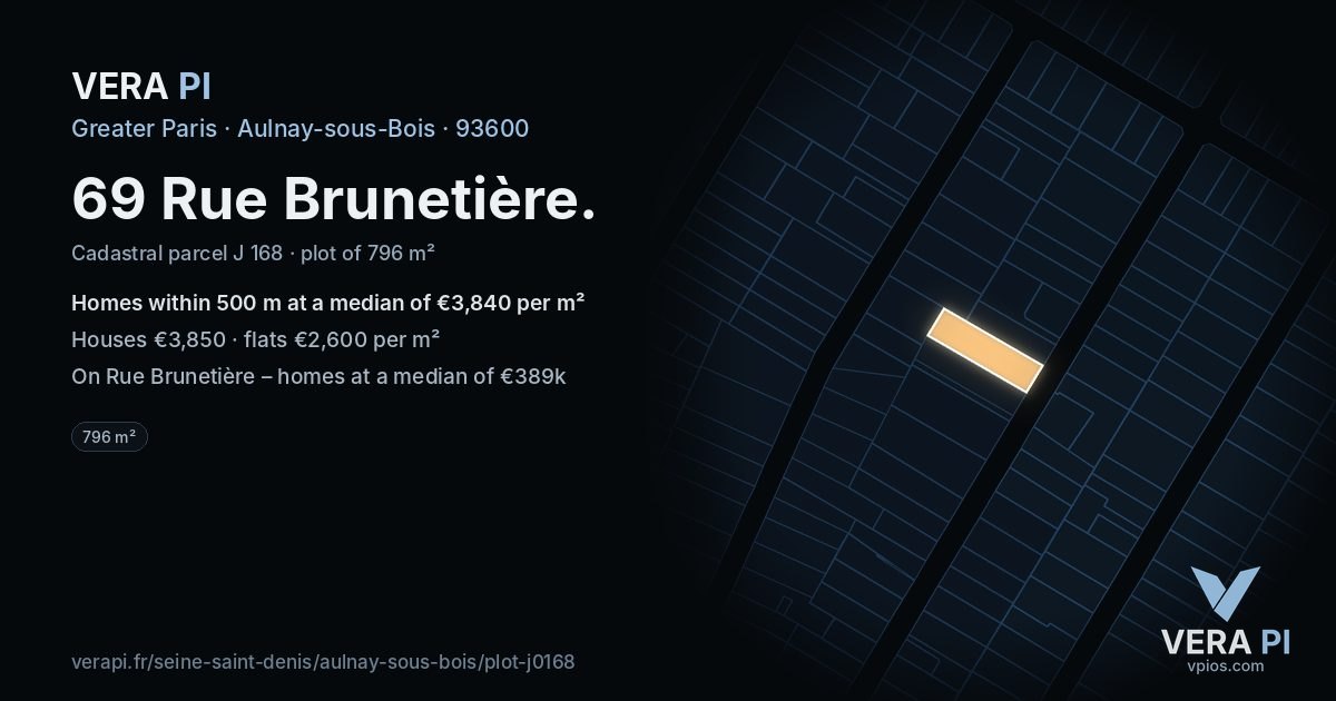 69 Rue Brunetière, Aulnay-sous-Bois at night – the plot lit, the parcels around coloured by the prices near them