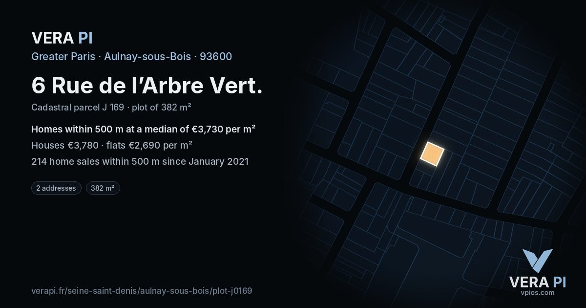 6 Rue de l’Arbre Vert, Aulnay-sous-Bois at night – the plot lit, the parcels around coloured by the prices near them