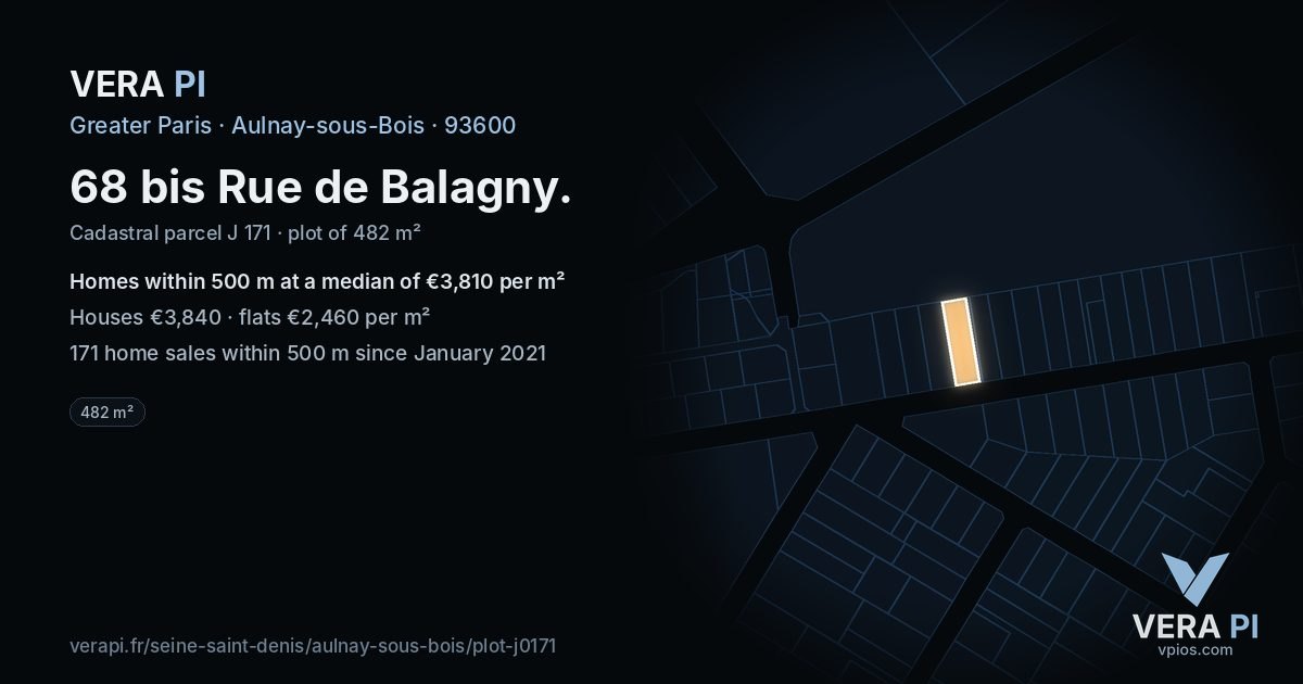 68 bis Rue de Balagny, Aulnay-sous-Bois at night – the plot lit, the parcels around coloured by the prices near them