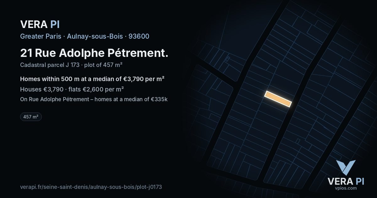 21 Rue Adolphe Pétrement, Aulnay-sous-Bois at night – the plot lit, the parcels around coloured by the prices near them