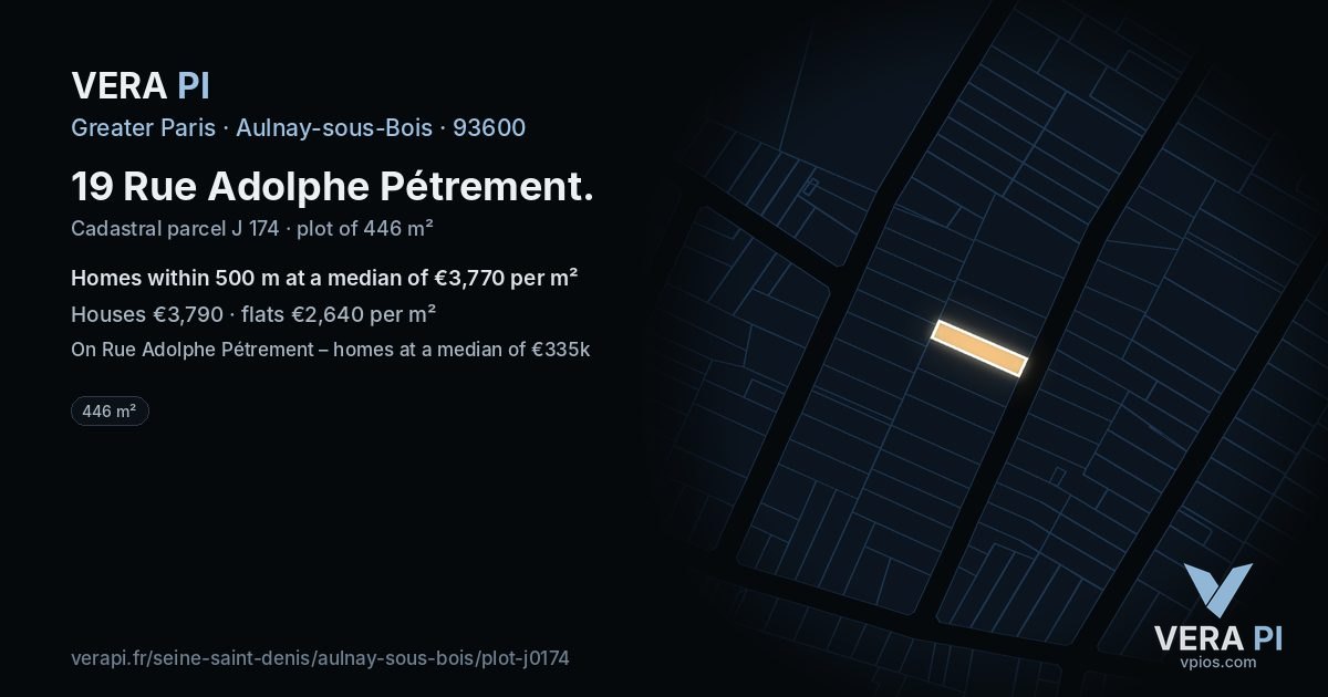 19 Rue Adolphe Pétrement, Aulnay-sous-Bois at night – the plot lit, the parcels around coloured by the prices near them