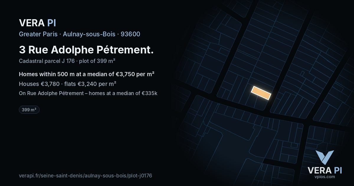 3 Rue Adolphe Pétrement, Aulnay-sous-Bois at night – the plot lit, the parcels around coloured by the prices near them