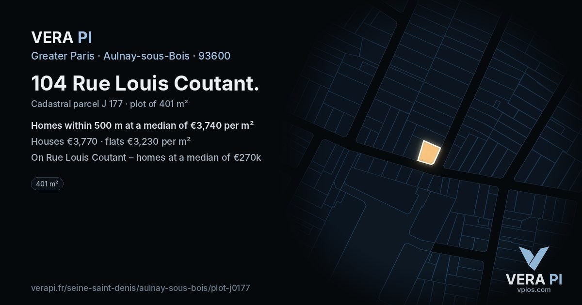 104 Rue Louis Coutant, Aulnay-sous-Bois at night – the plot lit, the parcels around coloured by the prices near them