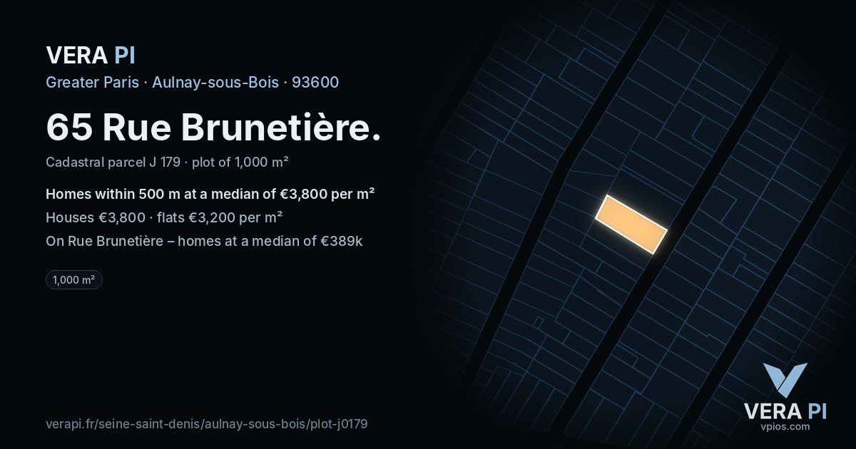 65 Rue Brunetière, Aulnay-sous-Bois at night – the plot lit, the parcels around coloured by the prices near them
