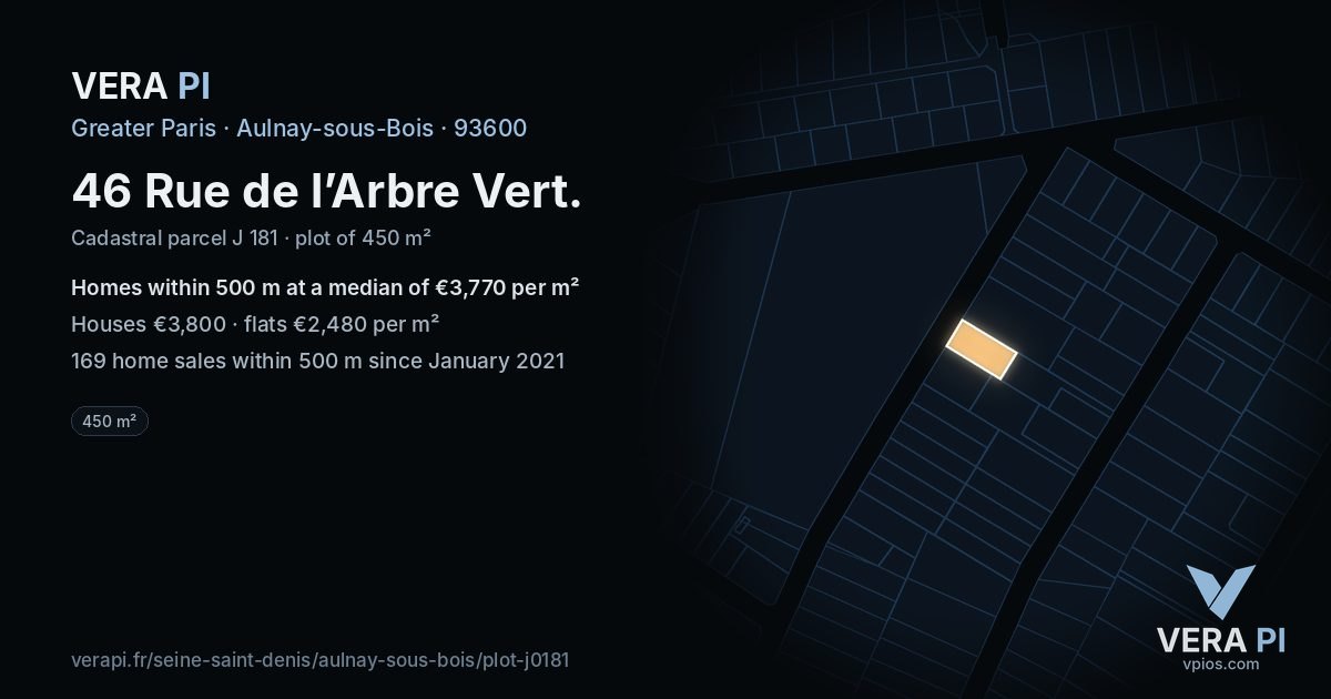 46 Rue de l’Arbre Vert, Aulnay-sous-Bois at night – the plot lit, the parcels around coloured by the prices near them
