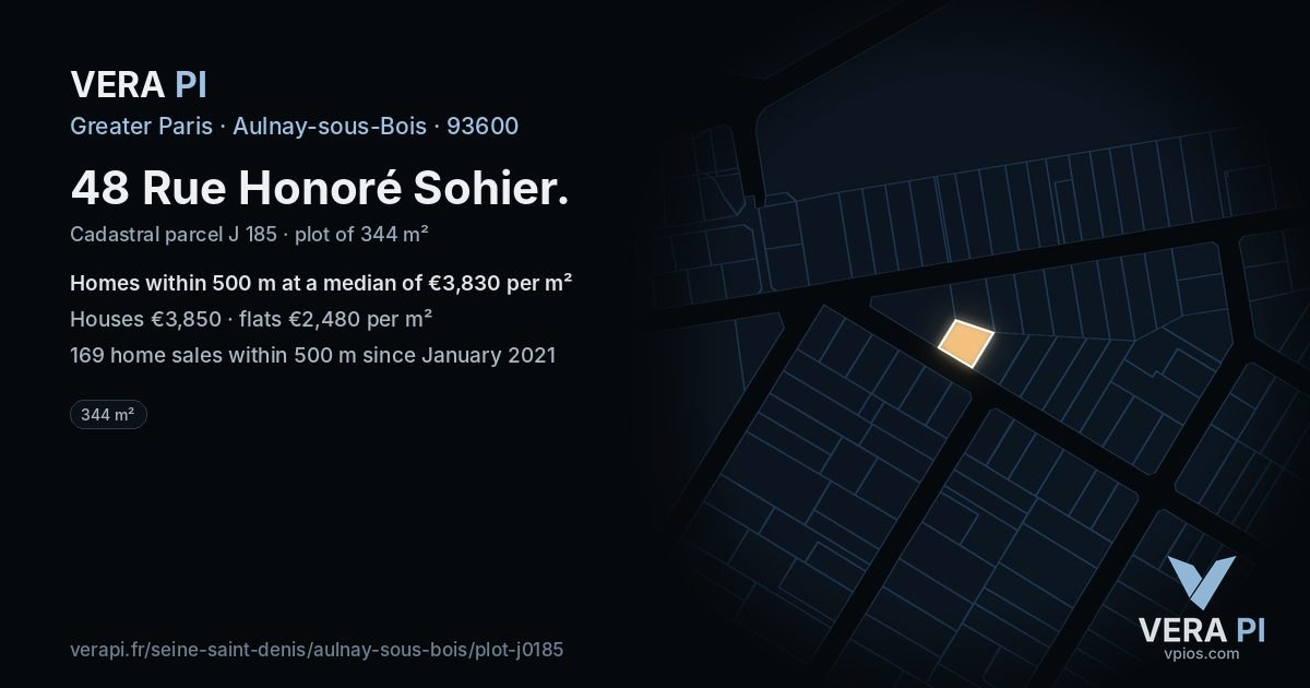48 Rue Honoré Sohier, Aulnay-sous-Bois at night – the plot lit, the parcels around coloured by the prices near them