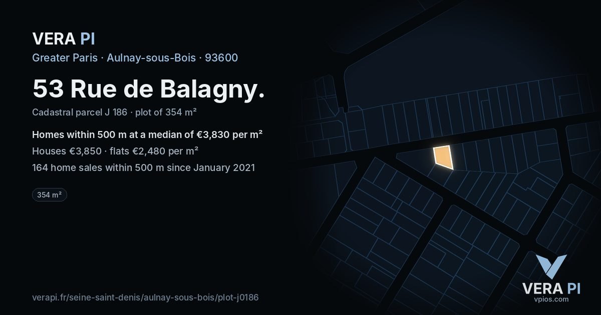 53 Rue de Balagny, Aulnay-sous-Bois at night – the plot lit, the parcels around coloured by the prices near them
