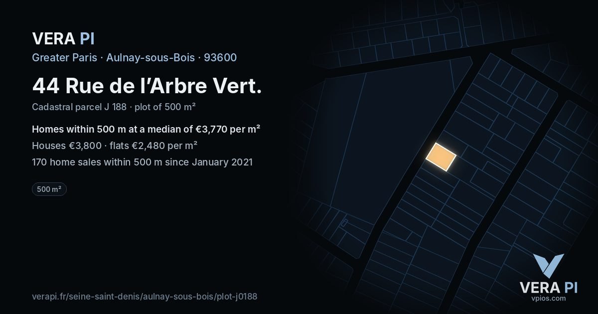 44 Rue de l’Arbre Vert, Aulnay-sous-Bois at night – the plot lit, the parcels around coloured by the prices near them