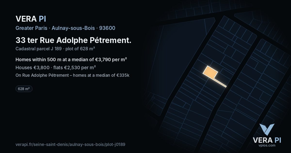 33 ter Rue Adolphe Pétrement, Aulnay-sous-Bois at night – the plot lit, the parcels around coloured by the prices near them