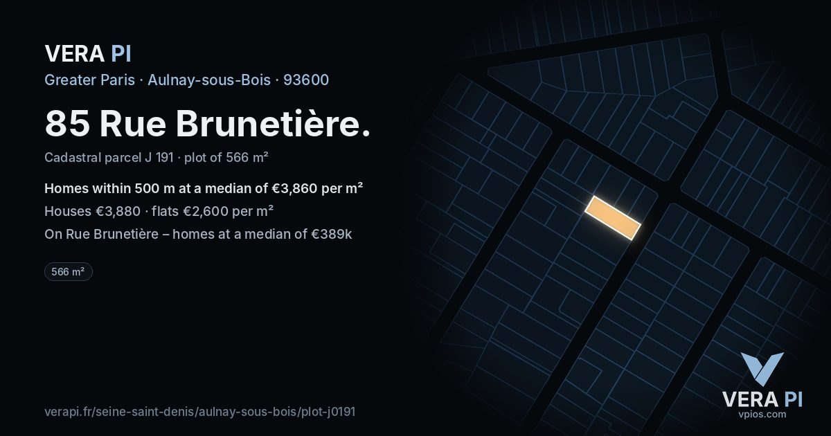 85 Rue Brunetière, Aulnay-sous-Bois at night – the plot lit, the parcels around coloured by the prices near them