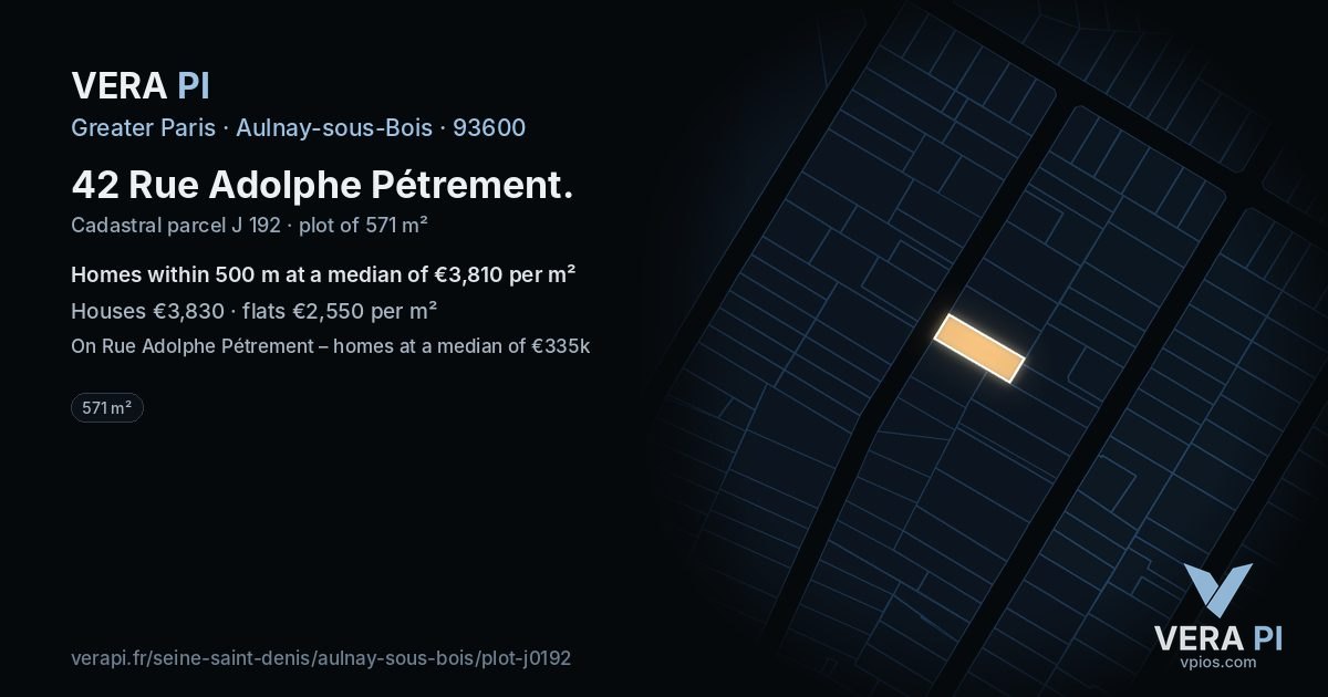 42 Rue Adolphe Pétrement, Aulnay-sous-Bois at night – the plot lit, the parcels around coloured by the prices near them
