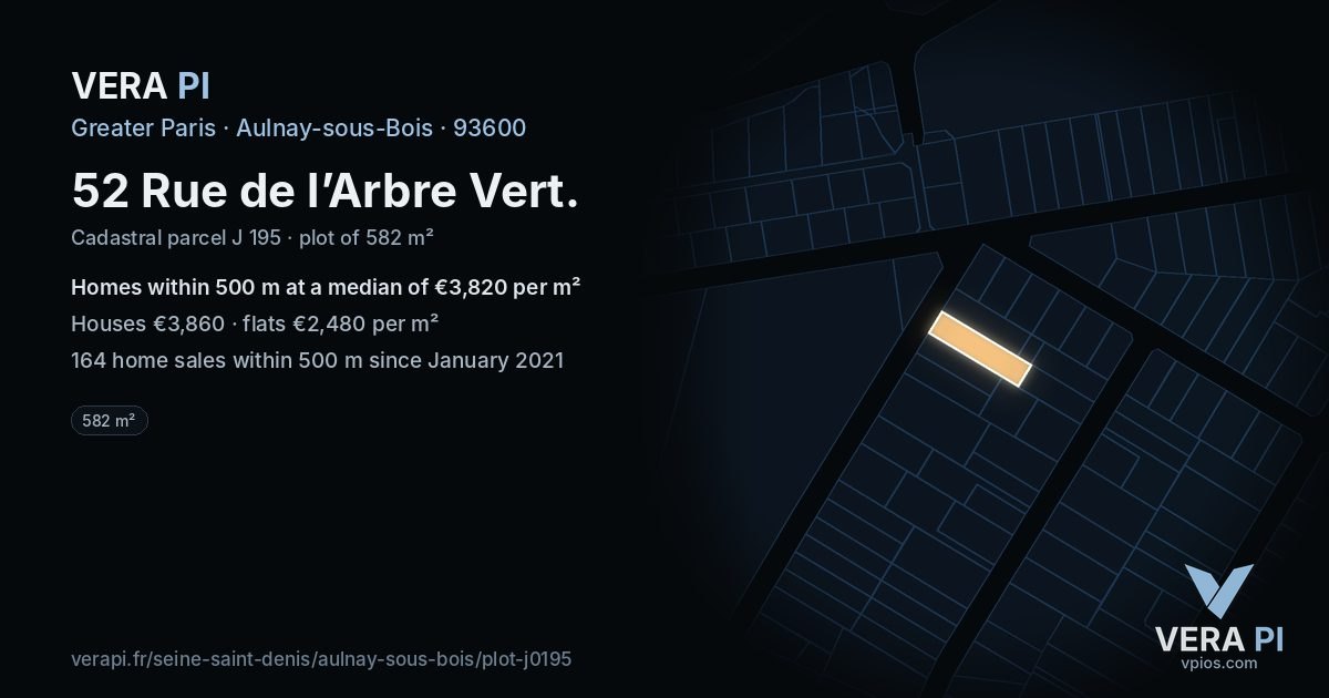 52 Rue de l’Arbre Vert, Aulnay-sous-Bois at night – the plot lit, the parcels around coloured by the prices near them