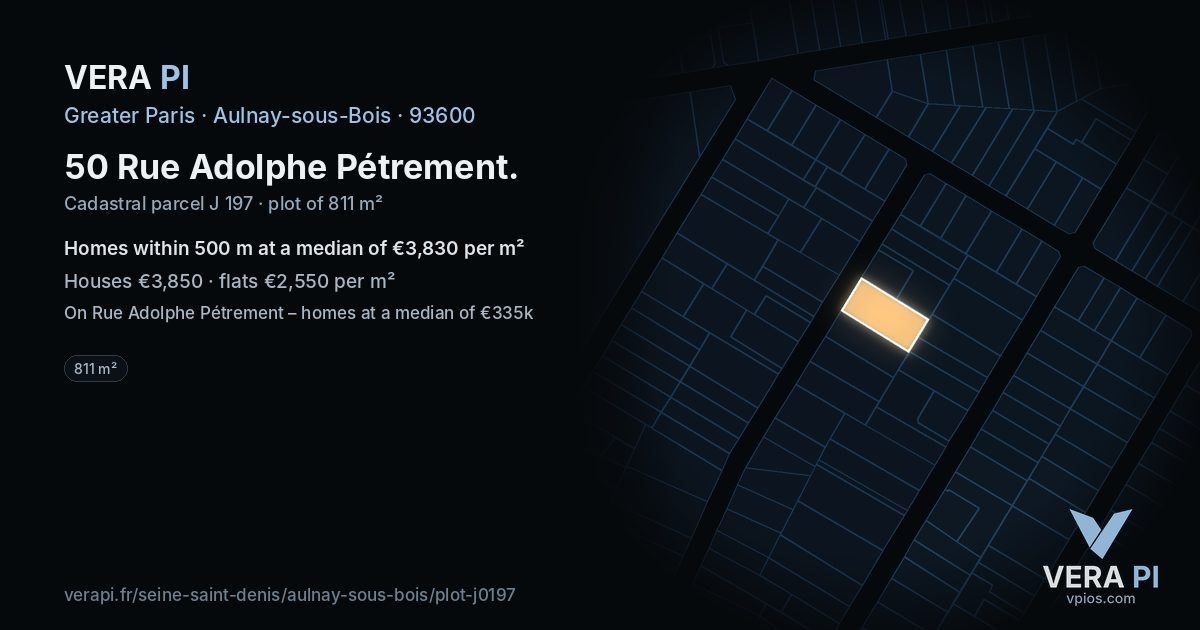 50 Rue Adolphe Pétrement, Aulnay-sous-Bois at night – the plot lit, the parcels around coloured by the prices near them