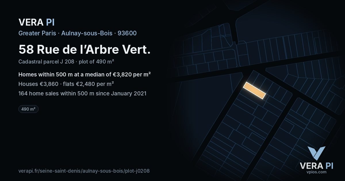 58 Rue de l’Arbre Vert, Aulnay-sous-Bois at night – the plot lit, the parcels around coloured by the prices near them