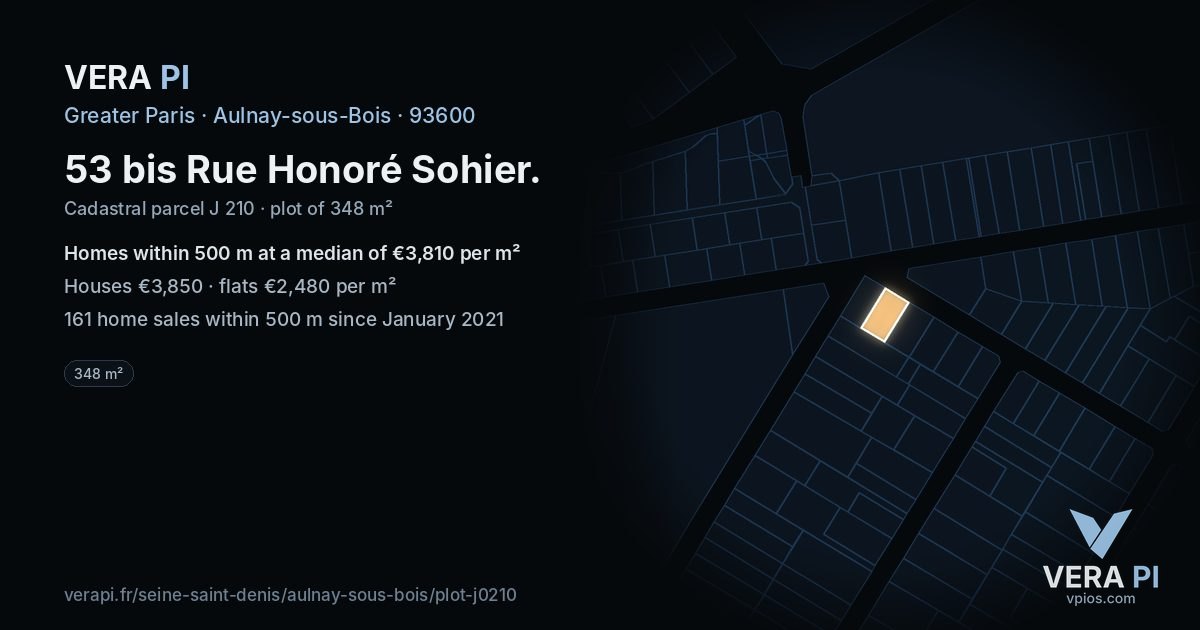 53 bis Rue Honoré Sohier, Aulnay-sous-Bois at night – the plot lit, the parcels around coloured by the prices near them