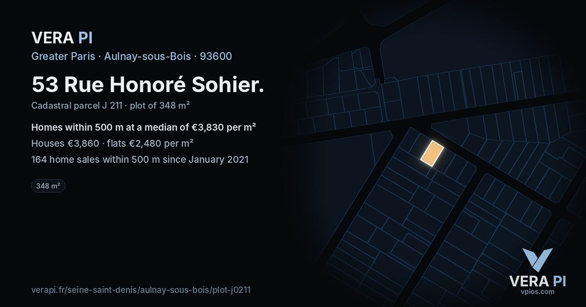 53 Rue Honoré Sohier, Aulnay-sous-Bois at night – the plot lit, the parcels around coloured by the prices near them