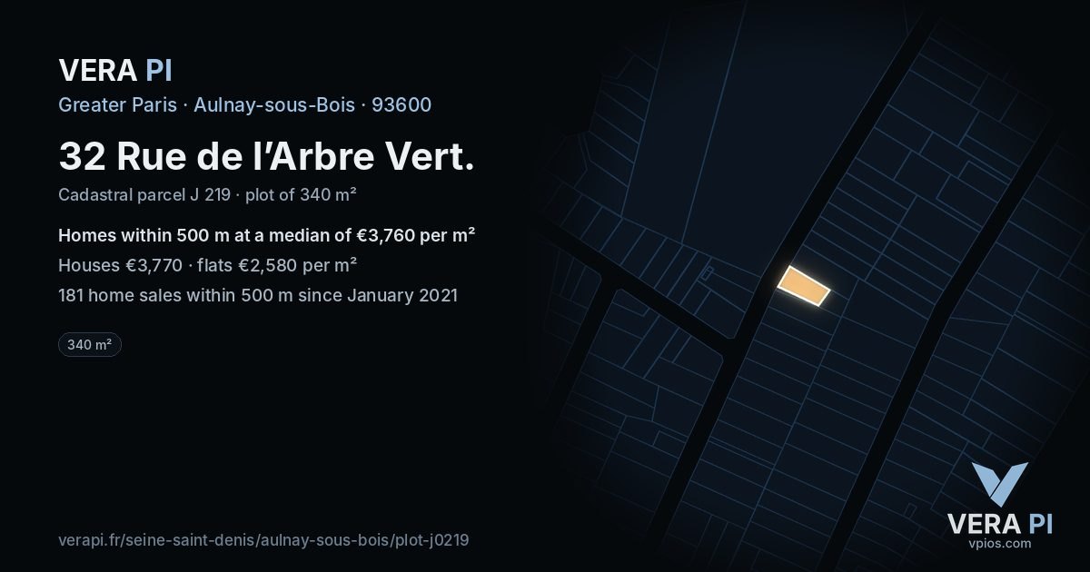 32 Rue de l’Arbre Vert, Aulnay-sous-Bois at night – the plot lit, the parcels around coloured by the prices near them