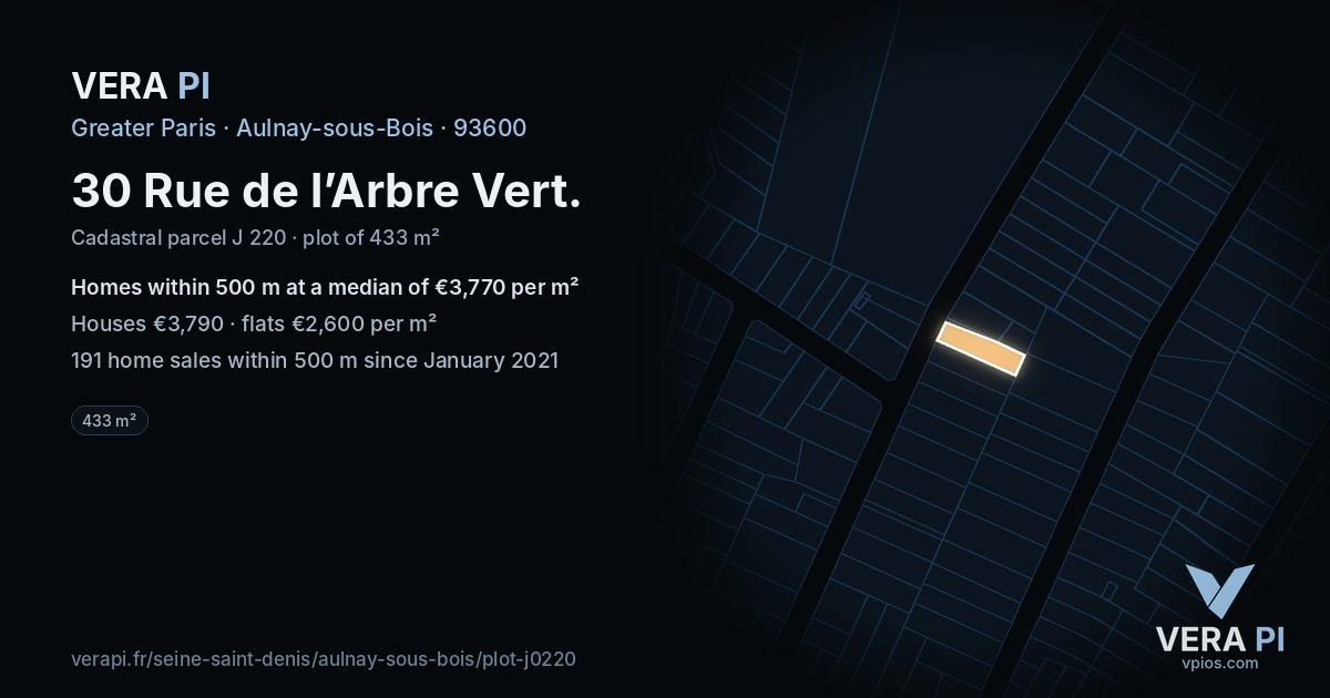 30 Rue de l’Arbre Vert, Aulnay-sous-Bois at night – the plot lit, the parcels around coloured by the prices near them