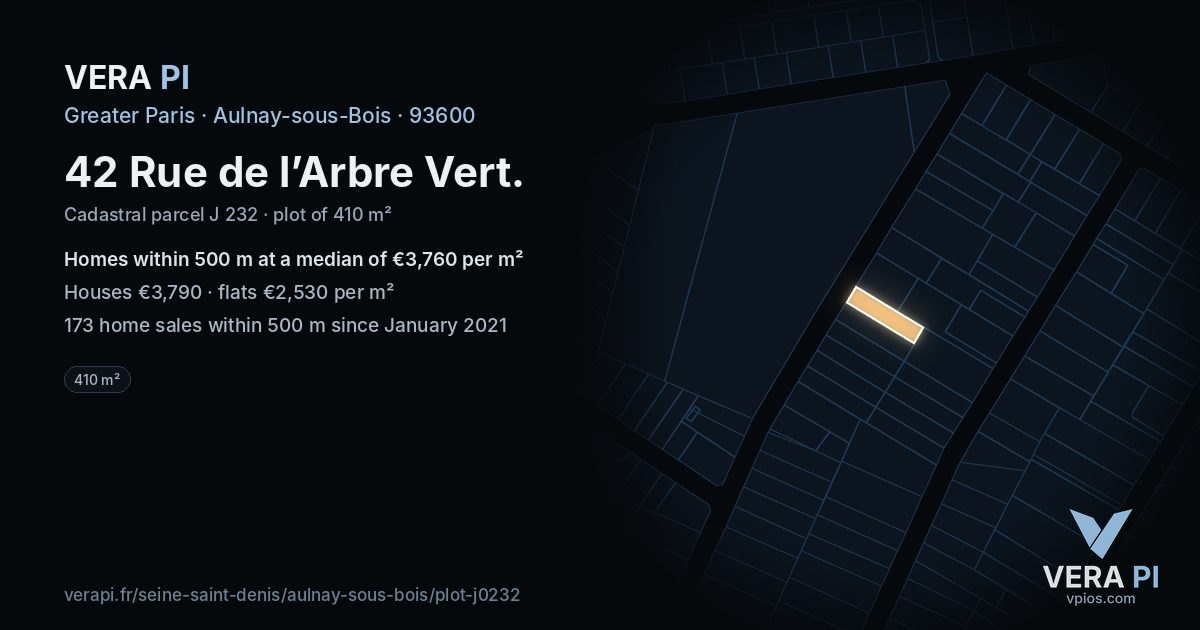 42 Rue de l’Arbre Vert, Aulnay-sous-Bois at night – the plot lit, the parcels around coloured by the prices near them