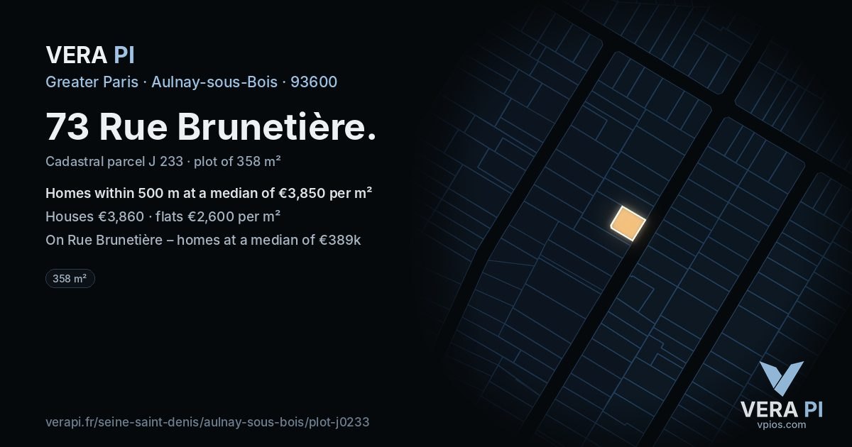 73 Rue Brunetière, Aulnay-sous-Bois at night – the plot lit, the parcels around coloured by the prices near them