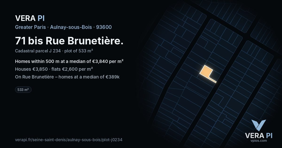 71 bis Rue Brunetière, Aulnay-sous-Bois at night – the plot lit, the parcels around coloured by the prices near them