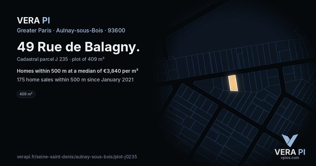 49 Rue de Balagny, Aulnay-sous-Bois at night – the plot lit, the parcels around coloured by the prices near them
