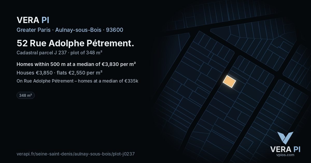 52 Rue Adolphe Pétrement, Aulnay-sous-Bois at night – the plot lit, the parcels around coloured by the prices near them