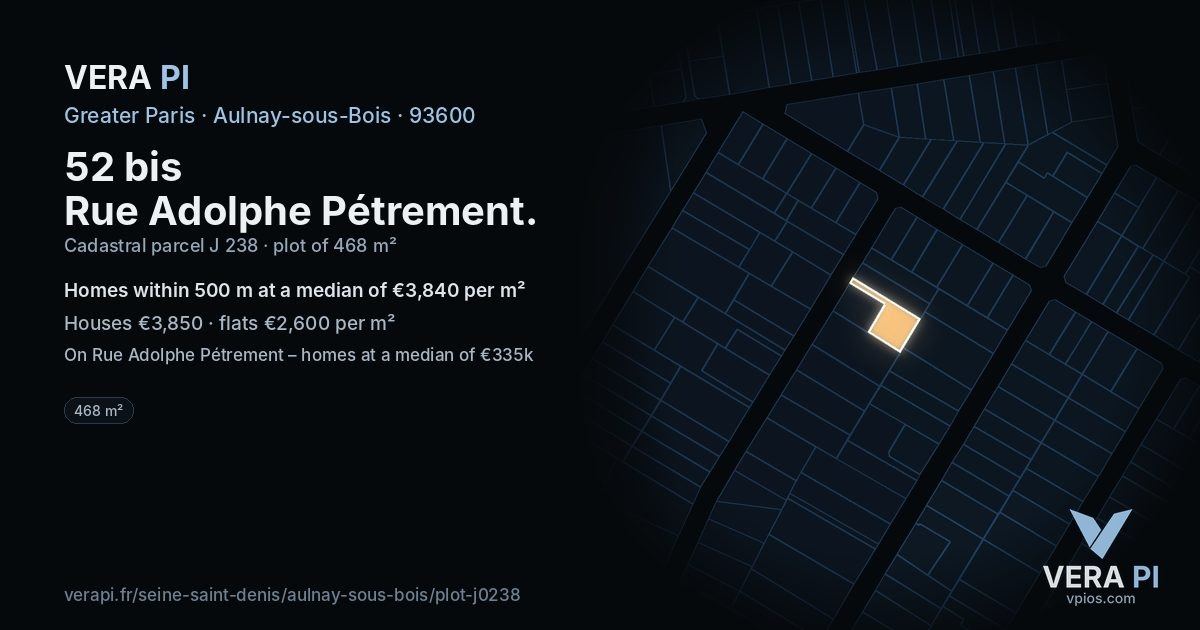 52 bis Rue Adolphe Pétrement, Aulnay-sous-Bois at night – the plot lit, the parcels around coloured by the prices near them